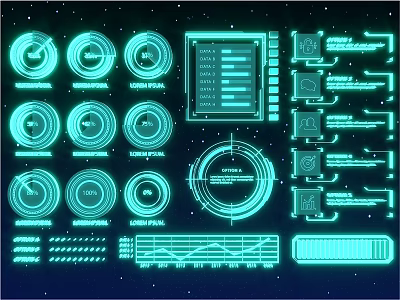 Futuristic Tech Interface With Glowing Green Circular Dials Screens And Bar Charts 3d model