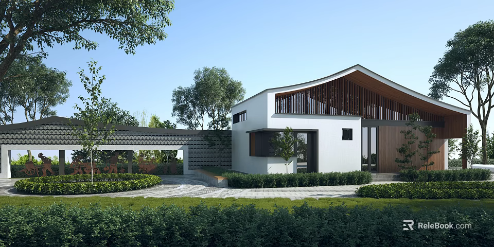 Modern Post Station With White Exterior Wooden Roof Green Lawn And Lush Greenery 3d model 