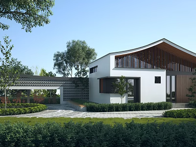 Modern Post Station With White Exterior Wooden Roof Green Lawn And Lush Greenery 3d model