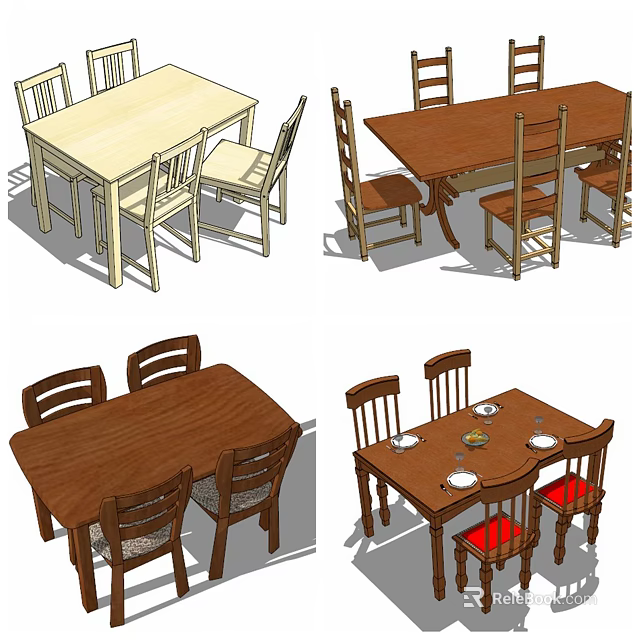 Various Wooden Dining Table Sets With Different Color Chairs And Tabletop Decorations 3d model