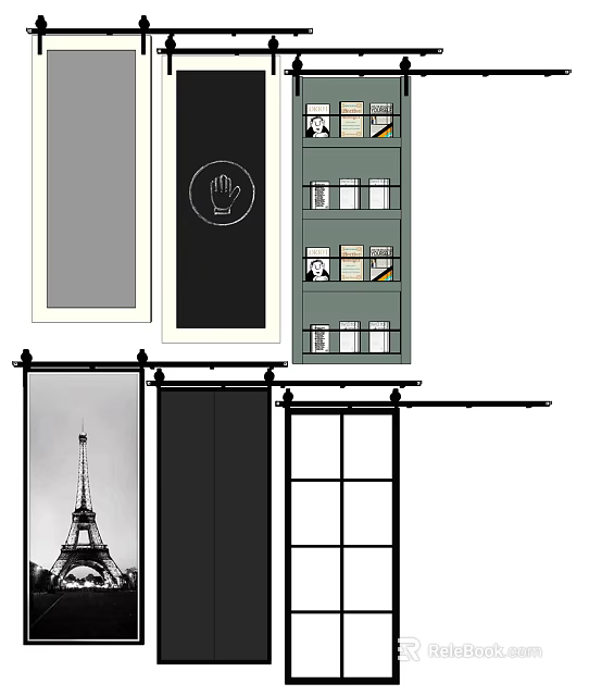 Black And White Barn Door Design With Metal Track Bookshelf And Eiffel Tower Art 3d model 