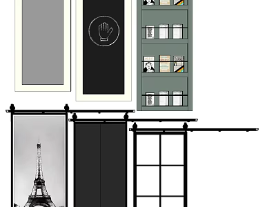 Black And White Barn Door Design With Metal Track Bookshelf And Eiffel Tower Art 3d model