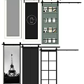 Black And White Barn Door Design With Metal Track Bookshelf And Eiffel Tower Art