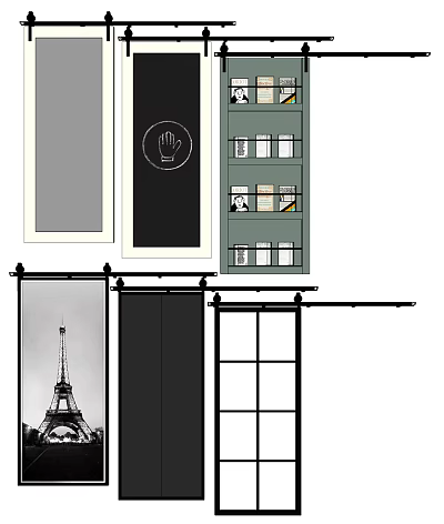 Black And White Barn Door Design With Metal Track Bookshelf And Eiffel Tower Art 3d model
