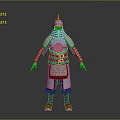 Man Wearing Traditional Metallic Armor With Decorative Chest Badge And Red Boots
