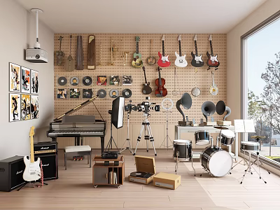 Instruments and Art Supplies Room Display With Guitars Violins Piano Drums Easel and Vinyl Records 3d model
