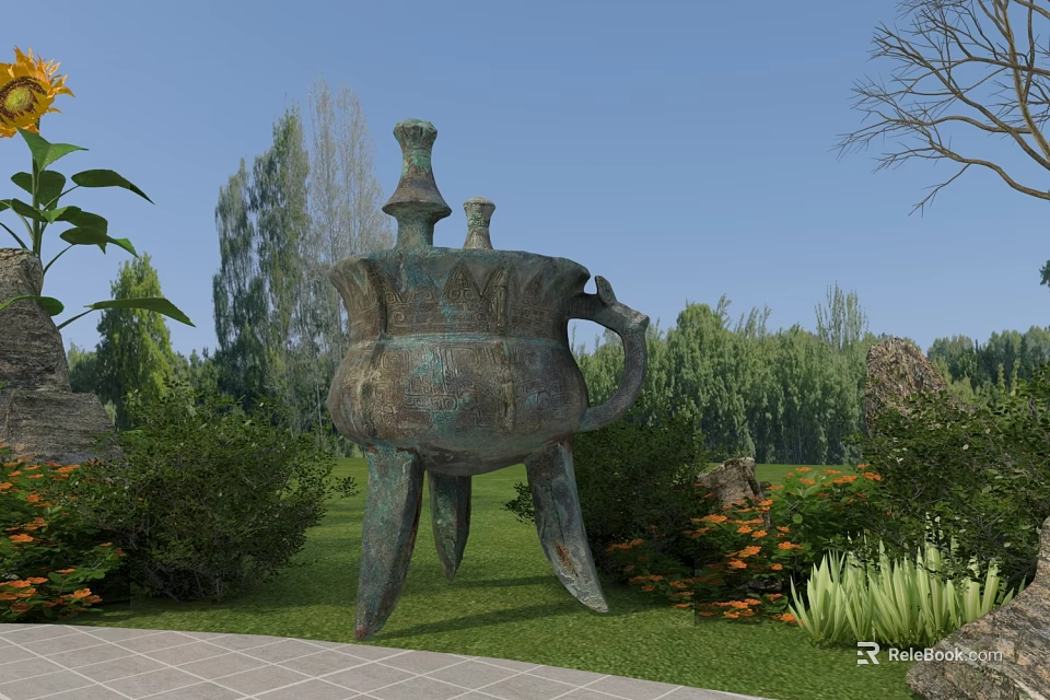 Ancient Bronze Sculpture Carving Three Legged Design In Garden Grassland Trees And Flower Bushes 3d model 