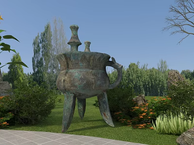 Ancient Bronze Sculpture Carving Three Legged Design In Garden Grassland Trees And Flower Bushes 3d model