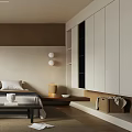 Modern Bedroom Interior With Double Bed Nightstand Table Lamp And Window Blinds