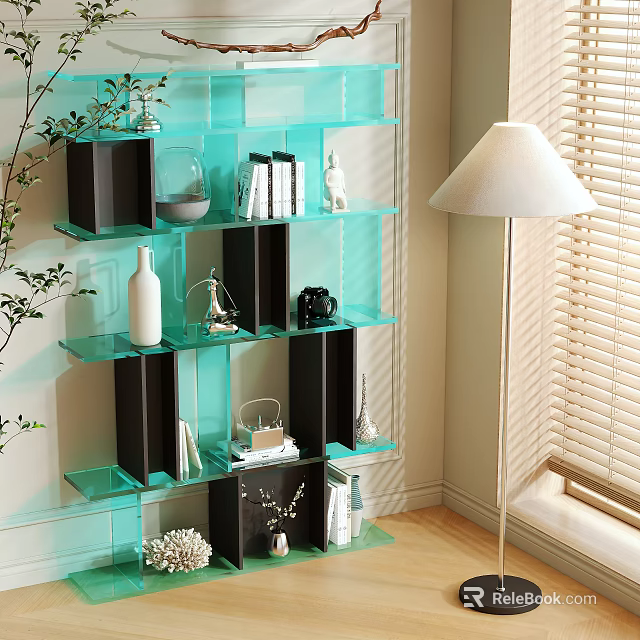 Modern Glass Shelving Unit with Books Vase Ornaments and Floor Lamp in Living Room Corner 3d model 