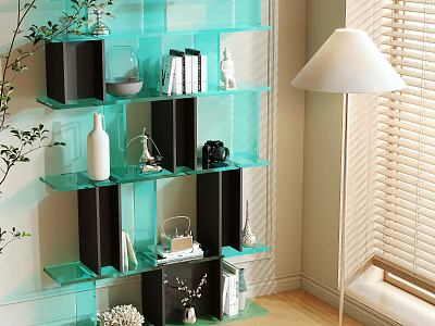 Modern Glass Shelving Unit with Books Vase Ornaments and Floor Lamp in Living Room Corner 3d model