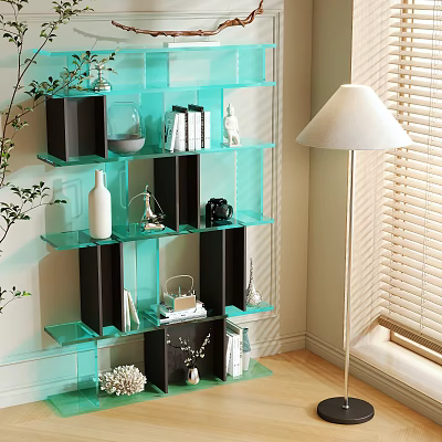 Modern Glass Shelving Unit with Books Vase Ornaments and Floor Lamp in Living Room Corner 3d model