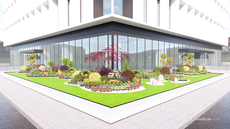 Colorful Flowers and Lush Green Plants in Modern Glass Building Front Garden Landscape 3d model 