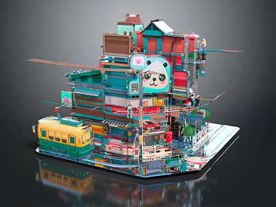 Colorful Multi Level Building 3D Model With Panda Graphic Yellow Tram And Balconies 3d model