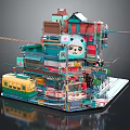 Colorful Multi Level Building 3D Model With Panda Graphic Yellow Tram And Balconies