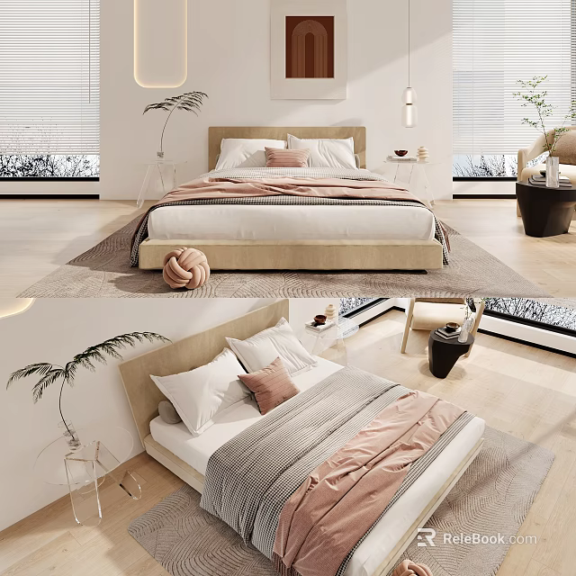 Modern Double Bed Bedroom Interior With Soft Bedding And Potted Plants 3d model