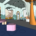 Kindergarten Interior Space With Staircase Bookshelf Cactus Decor And Blue Floor