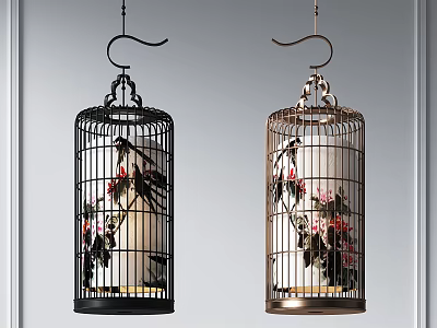 Artistic Birdcage Shaped Chandeliers With Black And Gold Floral Bird Patterns 3d model