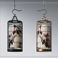 Artistic Birdcage Shaped Chandeliers With Black And Gold Floral Bird Patterns