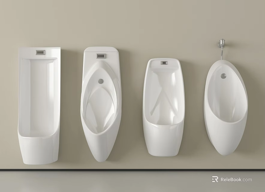 Modern White Wall Mounted Urinals With Various Designs Arranged On Beige Wall 3d model 