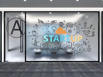 Startup Themed Showcase with Large Letter A and Hand Drawn Icons Like Lightbulb Rocket Gear 3d model
