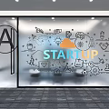 Startup Themed Showcase with Large Letter A and Hand Drawn Icons Like Lightbulb Rocket Gear