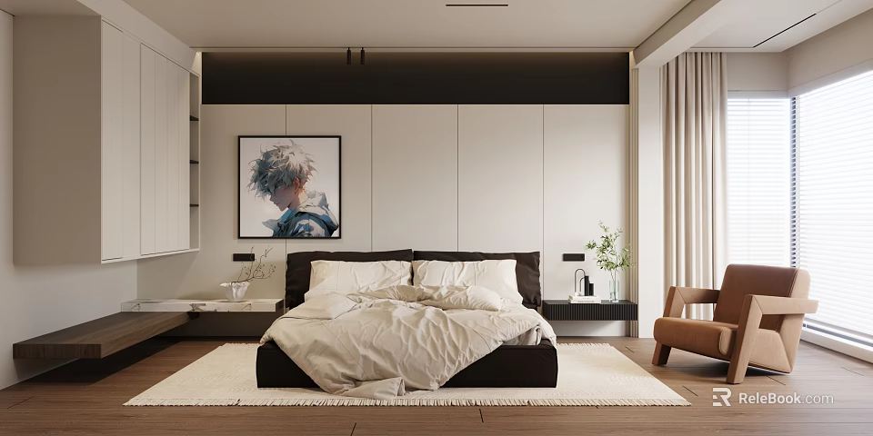 Modern Minimalist Bedroom Featuring Light Colored Wall Painting Above Bed White Bedding And Brown Chair 3d model 