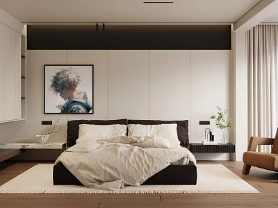 Modern Minimalist Bedroom Featuring Light Colored Wall Painting Above Bed White Bedding And Brown Chair 3d model