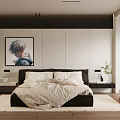 Modern Minimalist Bedroom Featuring Light Colored Wall Painting Above Bed White Bedding And Brown Chair