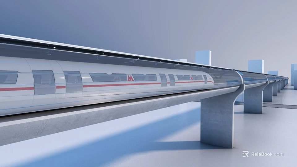 Modern High Speed Train on Elevated Track With Concrete Pillars and Urban Skyline 3d model 