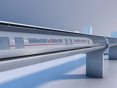 Modern High Speed Train on Elevated Track With Concrete Pillars and Urban Skyline 3d model