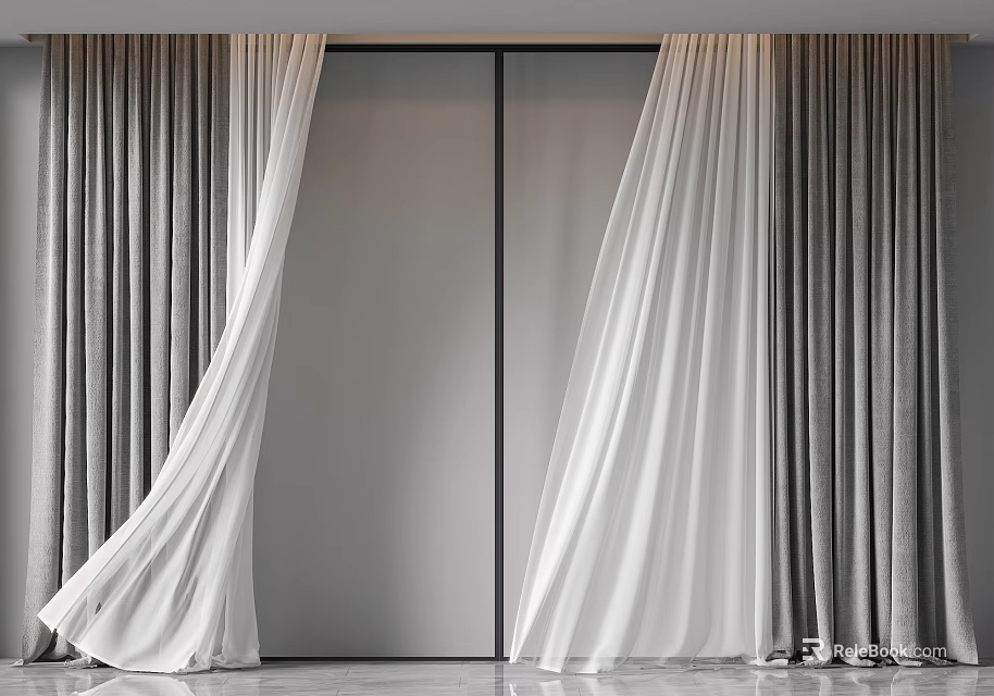 Modern Minimalist White and Grey Double Layer Curtains for Floor to Ceiling Windows 3d model 
