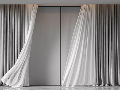 Modern Minimalist White and Grey Double Layer Curtains for Floor to Ceiling Windows 3d model