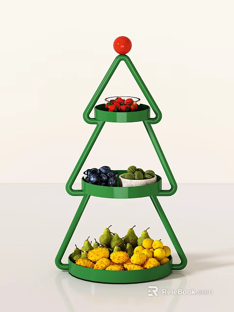 Green Three Tier Fruit Display Stand With Strawberries Blueberries Avocados And Pears 3d model 