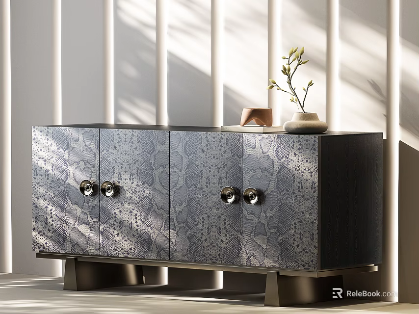 Modern Entryway Side Cabinet With Textured Surface Metal Knobs Legs And Decorative Vase 3d model