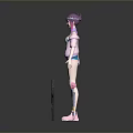 Game Movie Character With Purple Hair Pink Top Blue Shorts And Gun Equipment