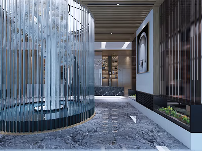 Modern Lobby Interior With Transparent Curtain Structure Marble Flooring And Wooden Ceiling 3d model