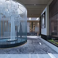 Modern Lobby Interior With Transparent Curtain Structure Marble Flooring And Wooden Ceiling