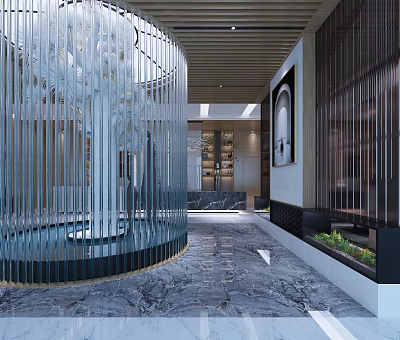 Modern Lobby Interior With Transparent Curtain Structure Marble Flooring And Wooden Ceiling 3d model