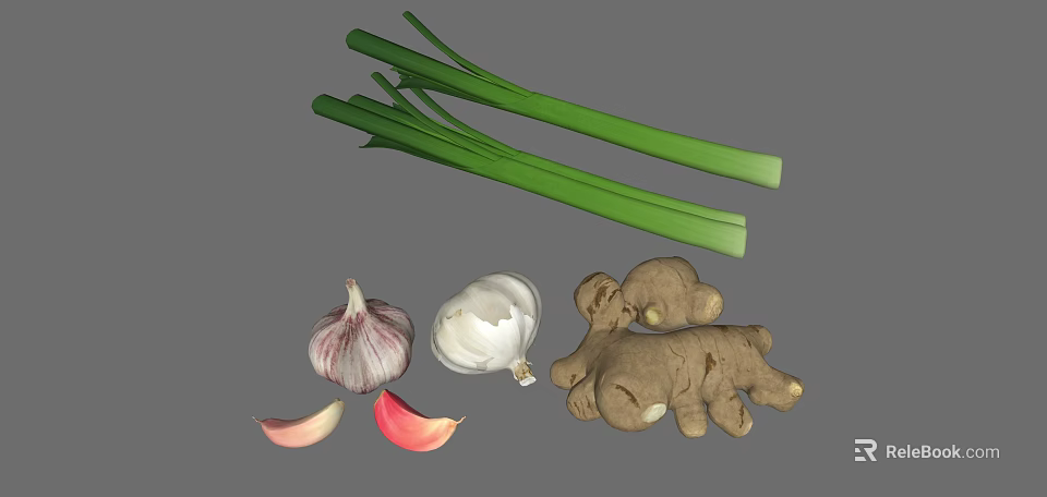 Fresh Green Onions Garlic Cloves And Ginger Roots Arranged On Gray Background 3d model 
