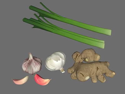 Fresh Green Onions Garlic Cloves And Ginger Roots Arranged On Gray Background 3d model