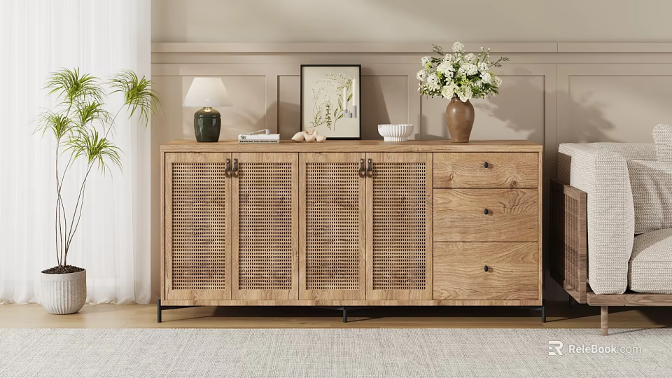 Cozy Living Room Interior With Wooden Rattan Cabinet Drawers Vase Artwork And Table Lamp 3d model 