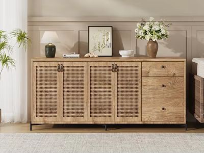 Cozy Living Room Interior With Wooden Rattan Cabinet Drawers Vase Artwork And Table Lamp 3d model