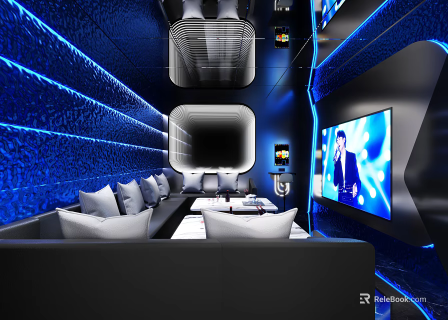Modern KTV Lounge Interior With Blue Lighting Black Sofas And Large Screen TV 3d model 