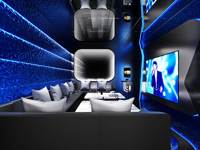 Modern KTV Lounge Interior With Blue Lighting Black Sofas And Large Screen TV 3d model