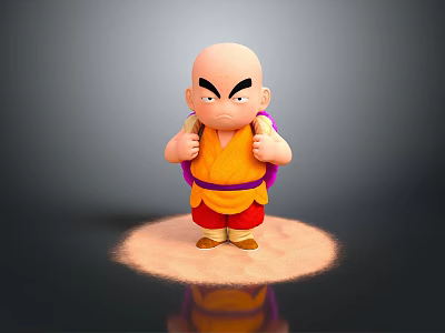Cartoon Bald Man With Serious Expression In Yellow Top Red Pants Purple Backpack And Halo 3d model