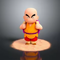 Cartoon Bald Man With Serious Expression In Yellow Top Red Pants Purple Backpack And Halo