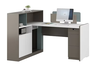 Modern Office Desk Design With Computer Monitor Potted Plant And Storage Cabinets 3d model