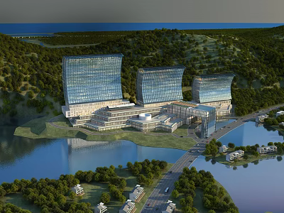 Aerial Planning of Modern Glass Facade Buildings with Green Landscape and Waterbody 3d model