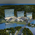 Aerial Planning of Modern Glass Facade Buildings with Green Landscape and Waterbody
